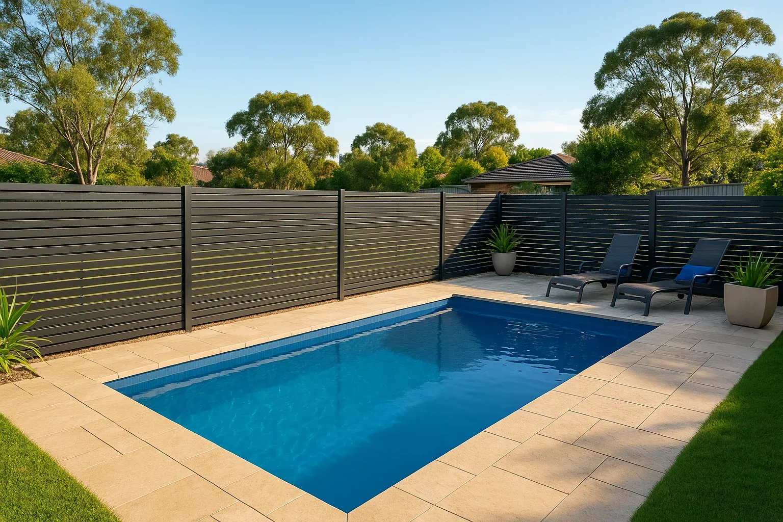 Modern aluminium slat pool fence in an Australian backyard