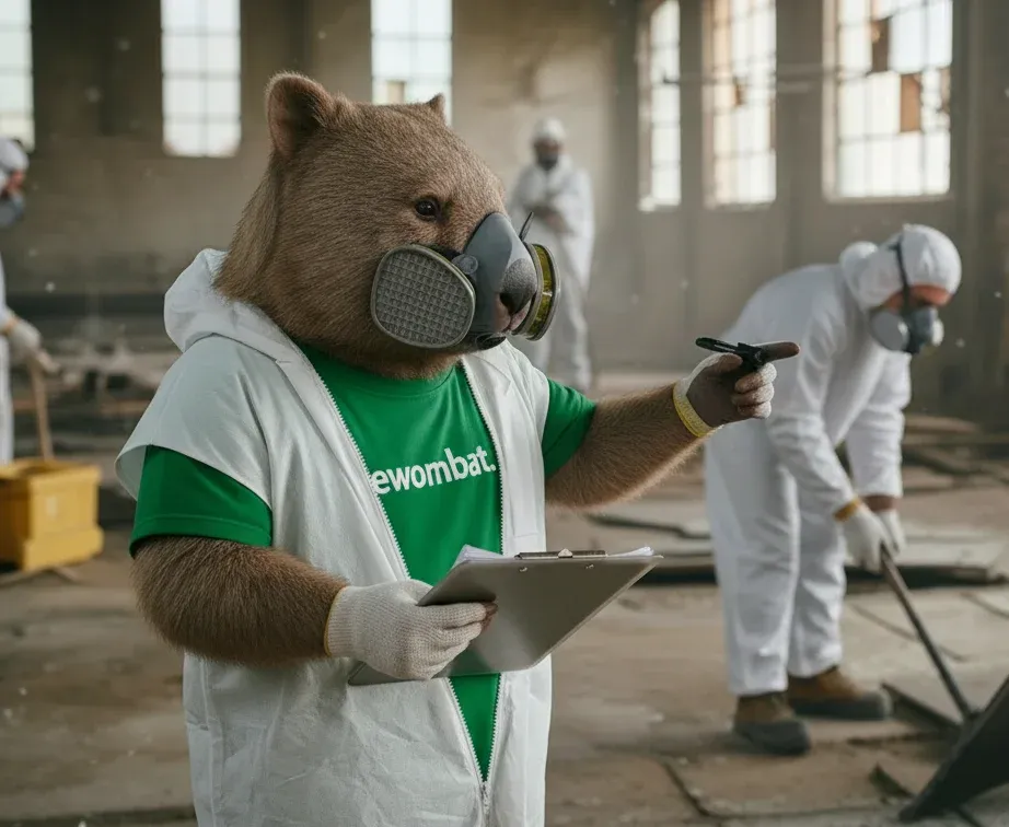 The Wombat mascot in a respirator and protective vest holding a clipboard beside workers in protective suits