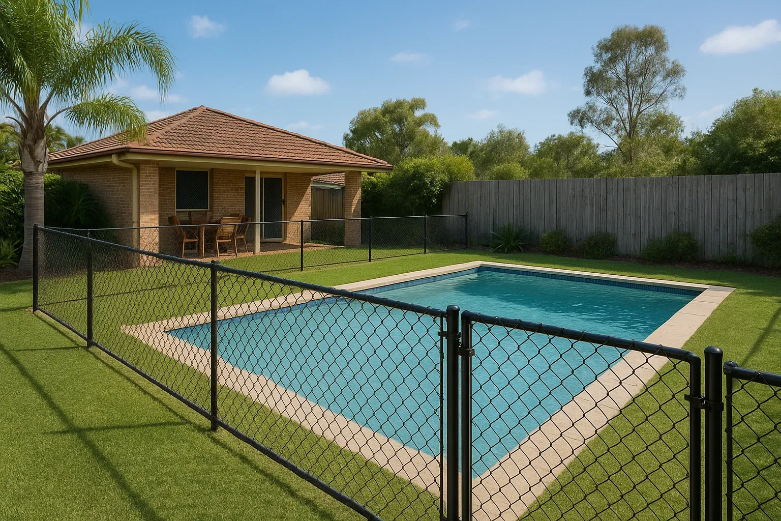 Mesh wire pool fencing around an Australian backyard pool
