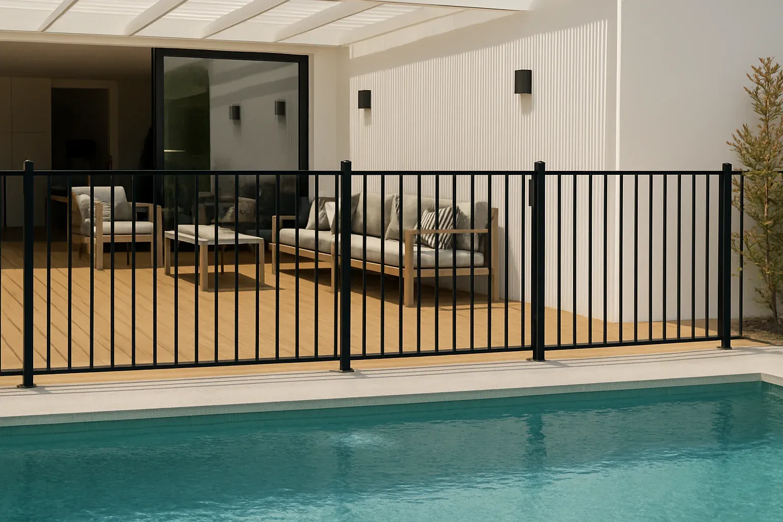 Tubular steel pool fencing installed around a backyard swimming pool