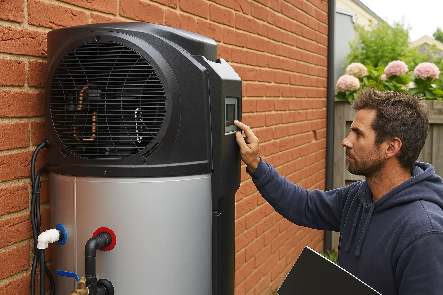 Licensed plumber installing a heat pump hot water system