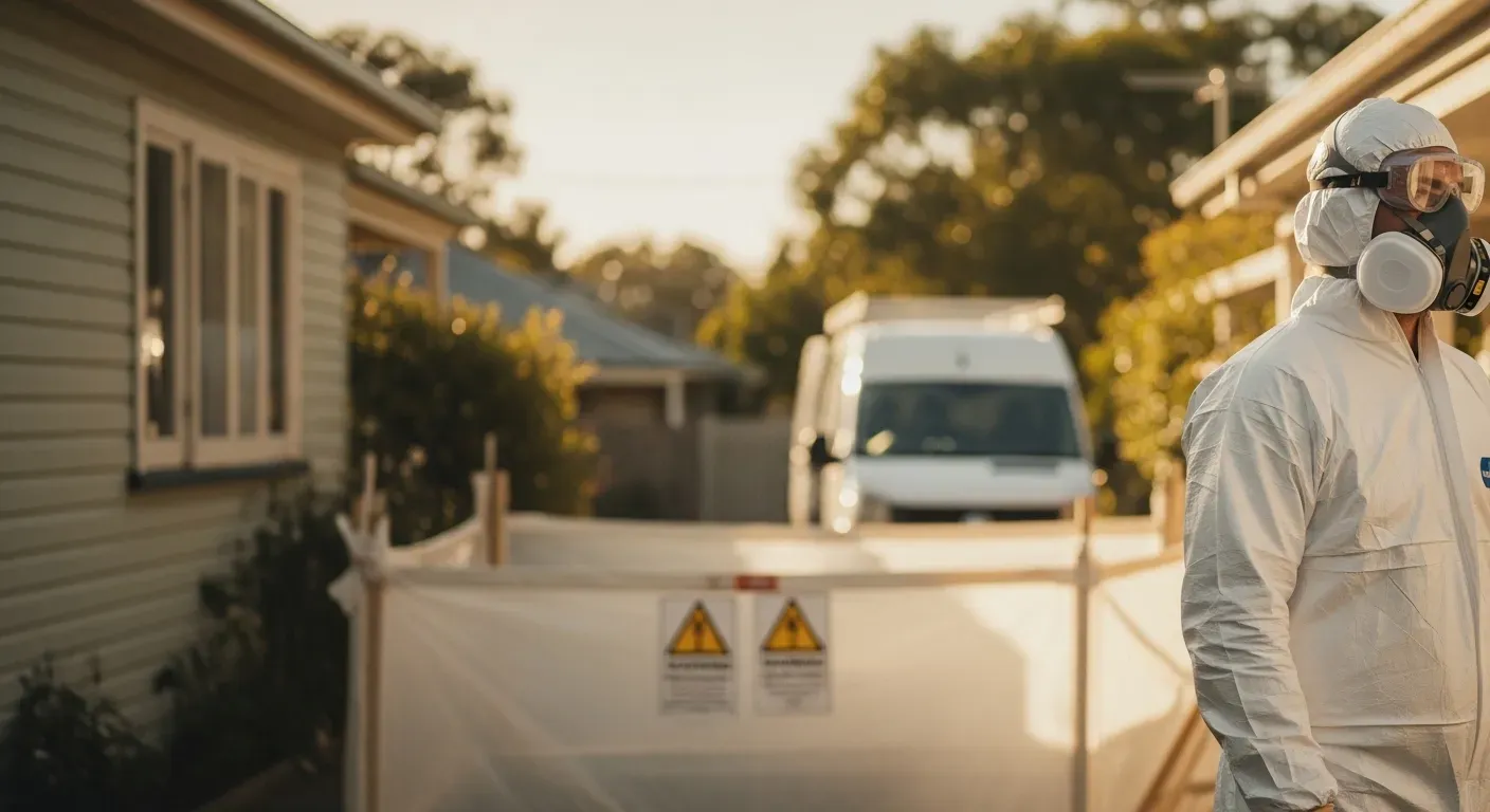 Professional asbestos specialist assessing removal costs and safety controls