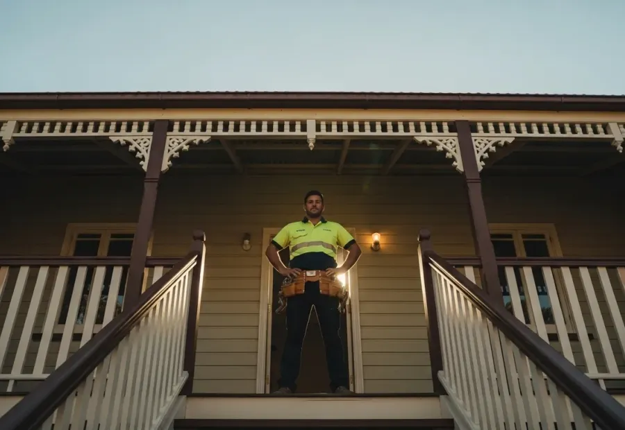 Tradesperson in a hi-vis shirt and tool belt standing on the front verandah of a timber Australian home at dusk