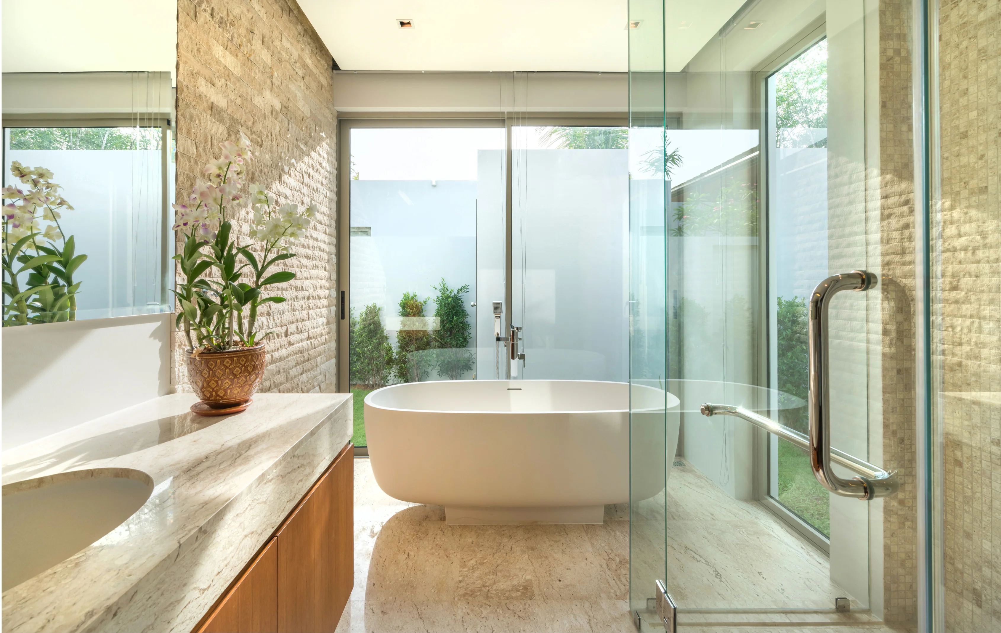 Modern bathroom renovation with freestanding bath in Newcastle